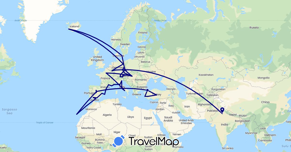 TravelMap itinerary: driving in Austria, Czech Republic, Germany, Denmark, Spain, France, Hungary, India, Iceland, Italy, Luxembourg, Turkey (Asia, Europe)